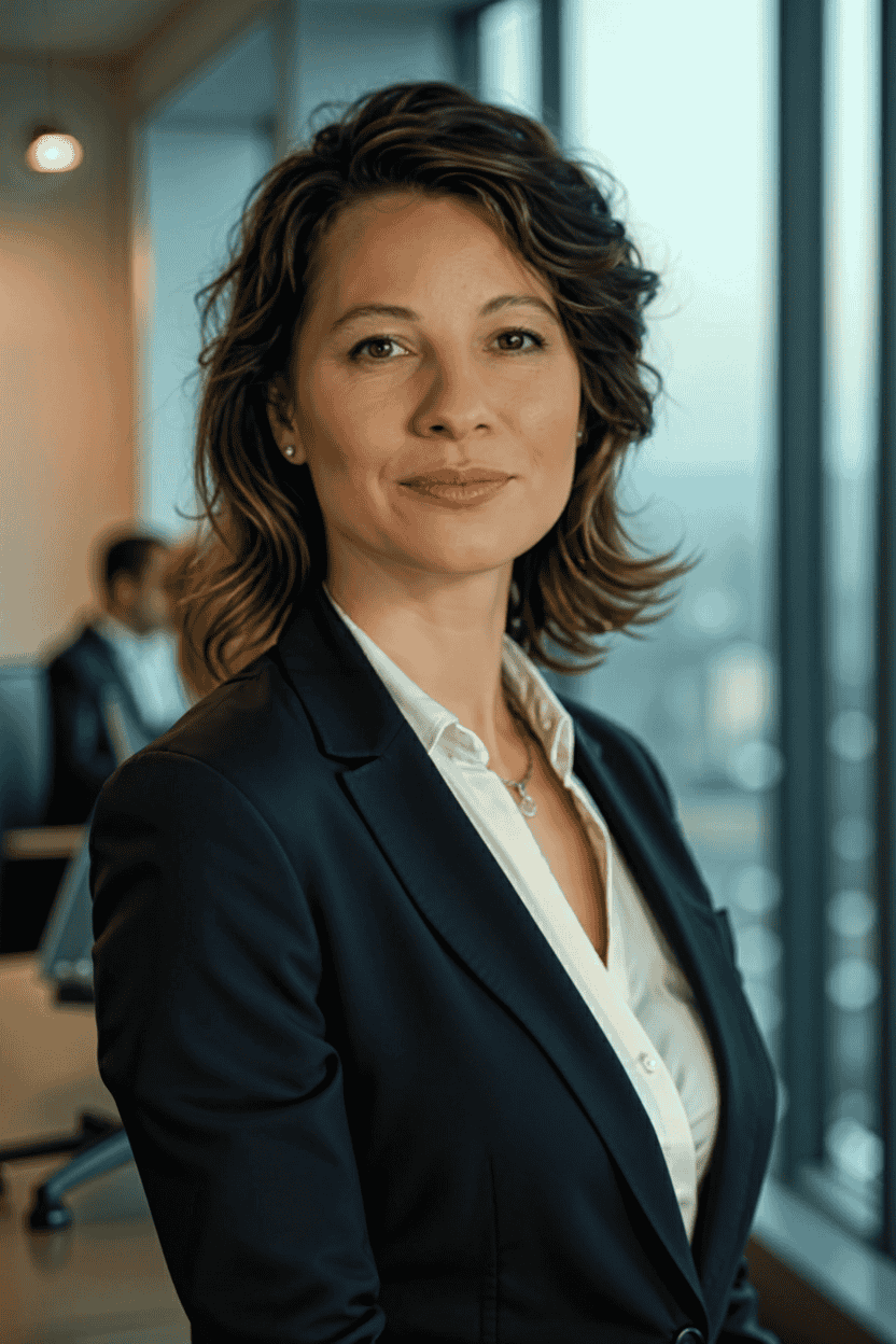 Portrait of a woman in a suit with a cityscape in the background