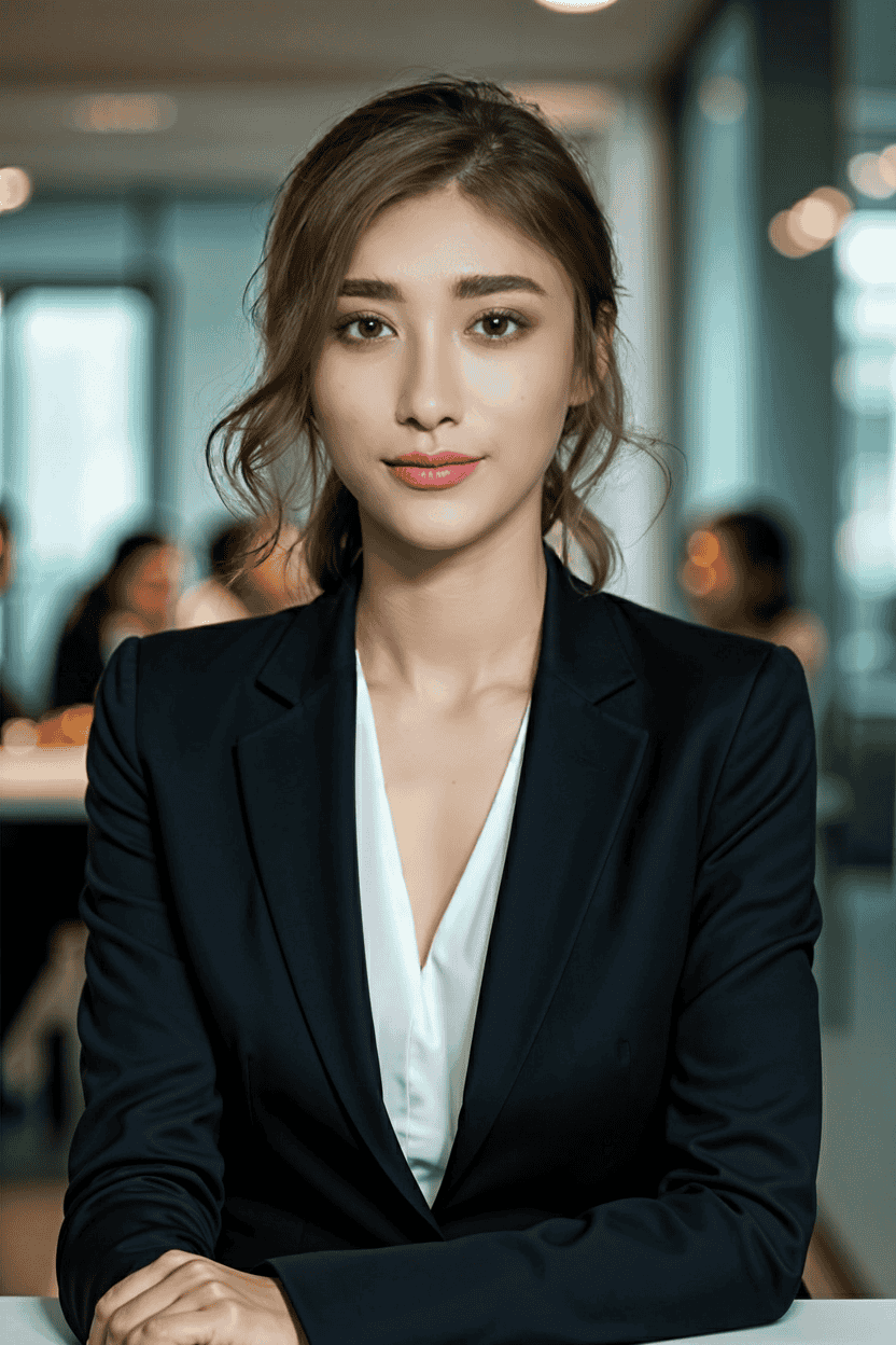 Woman in a white suit standing among palm trees