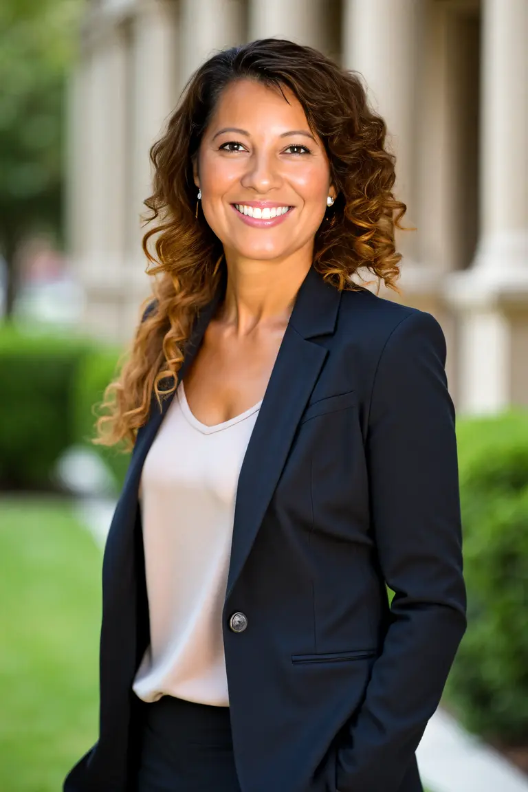 Portrait of a woman in a suit with a cityscape in the background